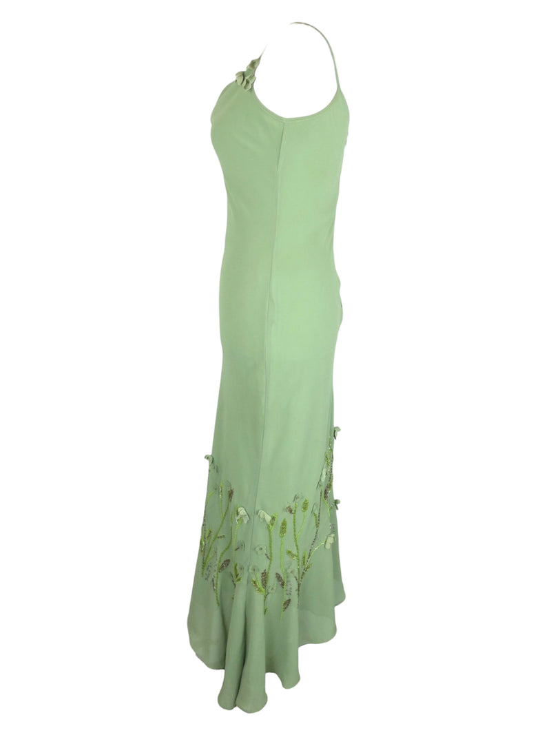 Vintage 2000s Y2K Chic Formal Party Asymmetrical Solid Green Chiffon Sleeveless Fit & Flare Beaded Sequin Tank Midi Maxi Dress | Size S