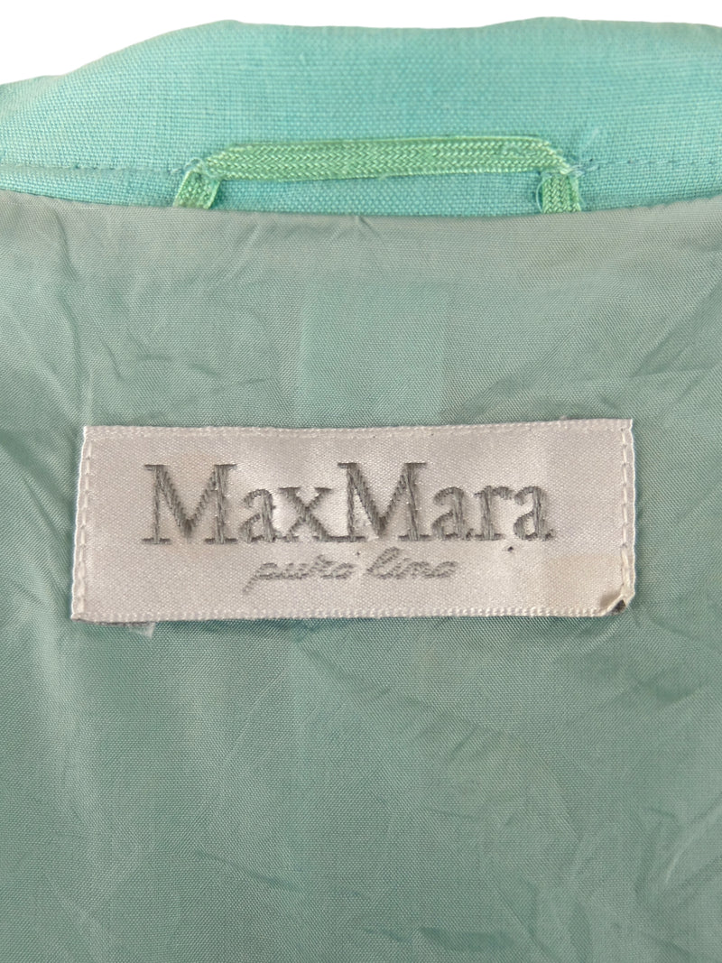 Vintage 90s Max Mara Designer Minimalist Formal Solid Basic Linen Turquoise Half Sleeve Collared V-Neck Blouse | Size M