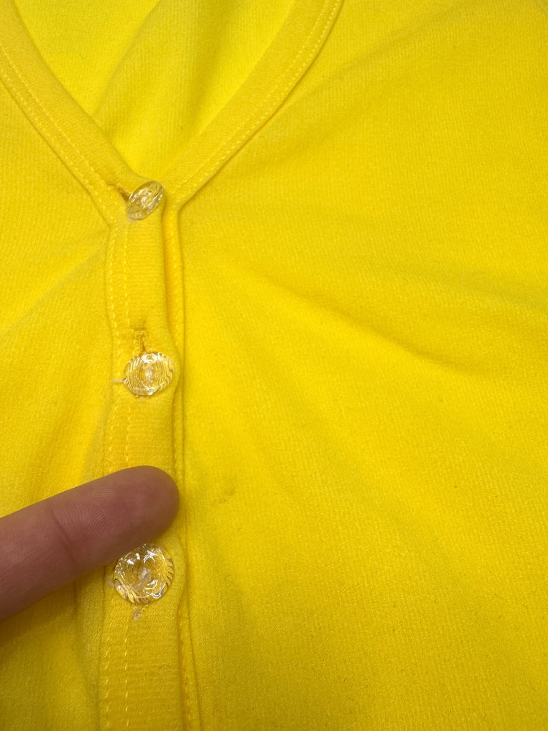 Vintage 90s Y2K Fiorucci Bright Yellow Short Sleeve Button Down V-Neck Mesh Top | Size XS-S