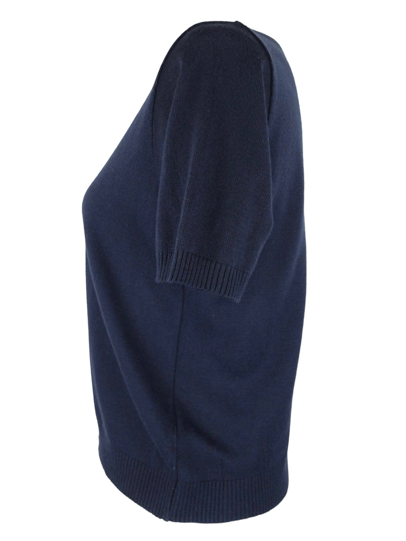 Vintage 2000s Y2K Balenciaga Designer Navy Blue Solid Basic Pullover Knit Short Sleeve Blouse | Size L