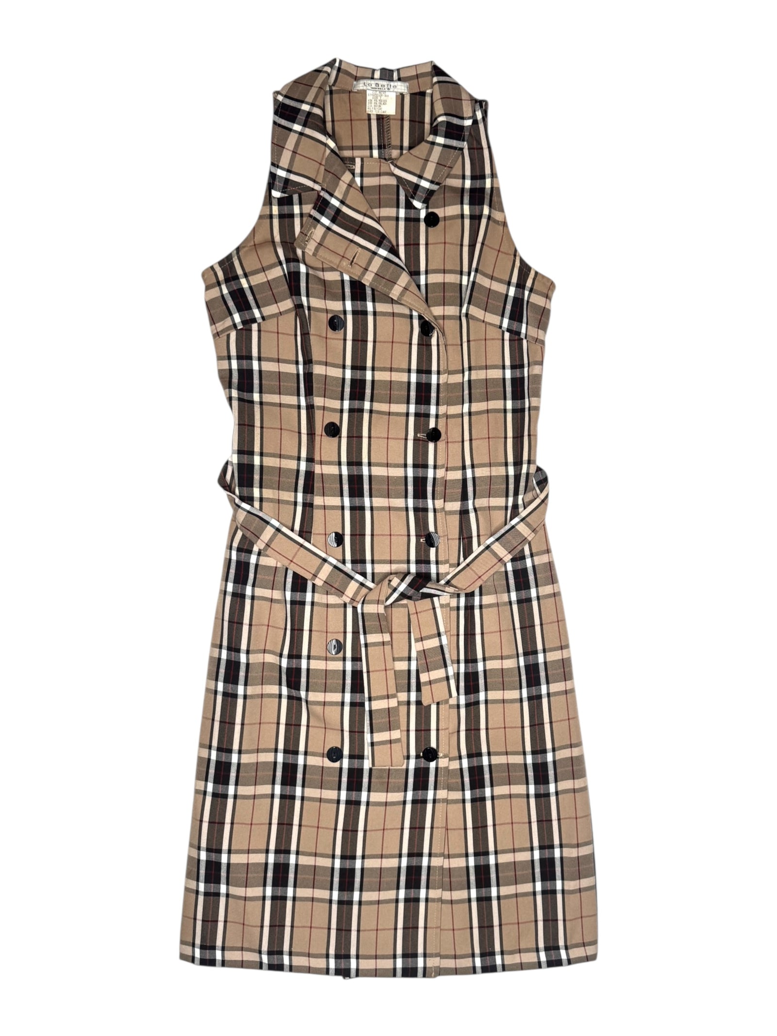 Vintage 90s Y2K Preppy Tartan Plaid Check Print Sleeveless Collared Button Down Midi Dress with Waist Tie | Size M