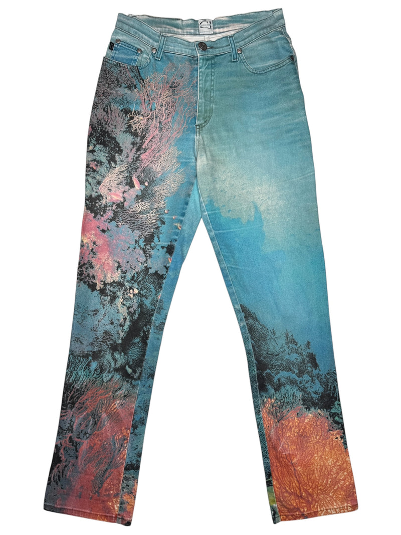 Vintage 90s 1999 Y2K Cavalli High Waisted Abstract Blue Coral Print Graphic Jeans | 28 Inch Waist