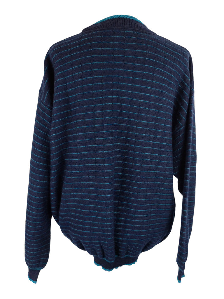Vintage 80s Coogi Australia Men's Bohemian Dark Navy Blue & Teal Striped Pullover Grandpa Style Sweater Jumper | Men’s Size L-XL
