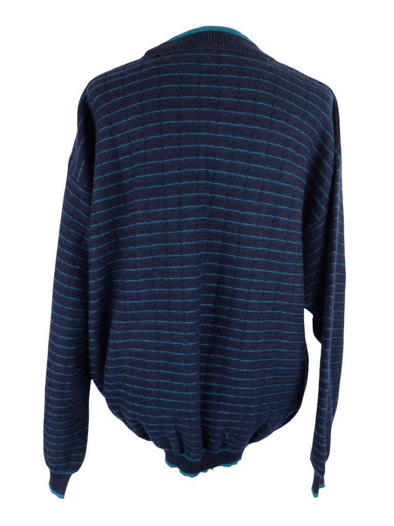 coogi mens dress shirts Vintage 80s Coogi Australia Men's Bohemian Dark Navy Blue & Teal Striped Pullover Grandpa Style Sweater Jumper