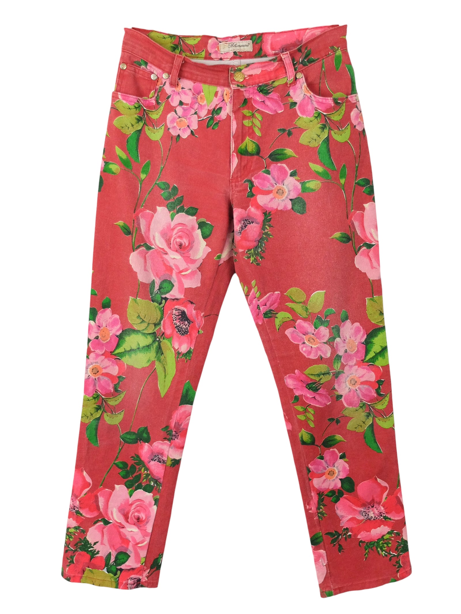 Vintage 2000s Y2K Blumarine Designer Pink Floral Print Mid-Rise Straight Cigarette Style Trouser Pant Jeans | 27 Inch Waist