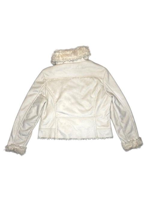 Vintage 2000s White Velour Faux Fur Zip Up Collared Jacket | Size S-M