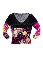 Vintage 2000s Y2K Black Pink & Yellow Abstract Floral V Neck 3/4 Sleeve Mesh Top with Lace and Velour Details | Size S