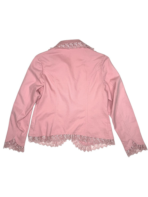 Vintage 2000s Y2K Preppy Chic Pastel Baby Pink Collared Cotton Blazer Jacket with Bedazzled Rhinestones | Size M