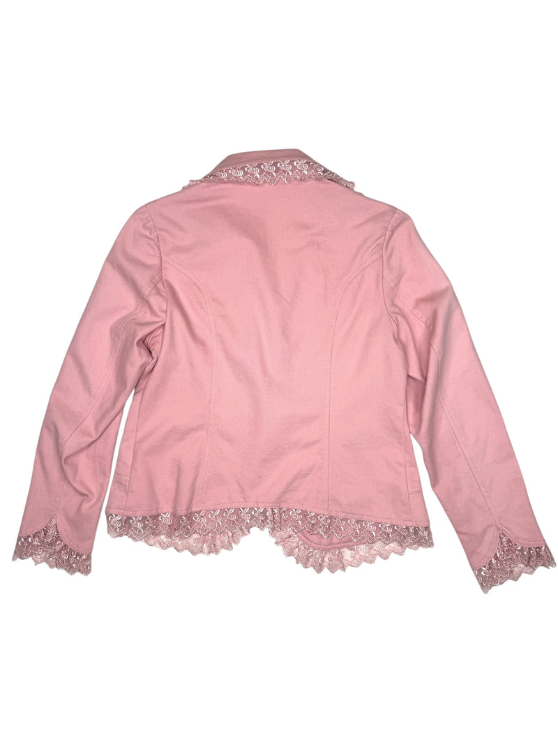 Vintage 2000s Y2K Preppy Chic Pastel Baby Pink Collared Cotton Blazer Jacket with Bedazzled Rhinestones | Size M