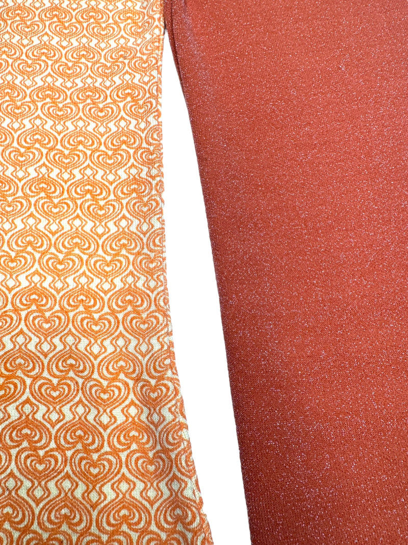 Vintage 2000s Y2K Custo Barcelona Orange Long Sleeve Abstract Graphic Print V-Neck Shirt with Glitter Sleeves | Size S