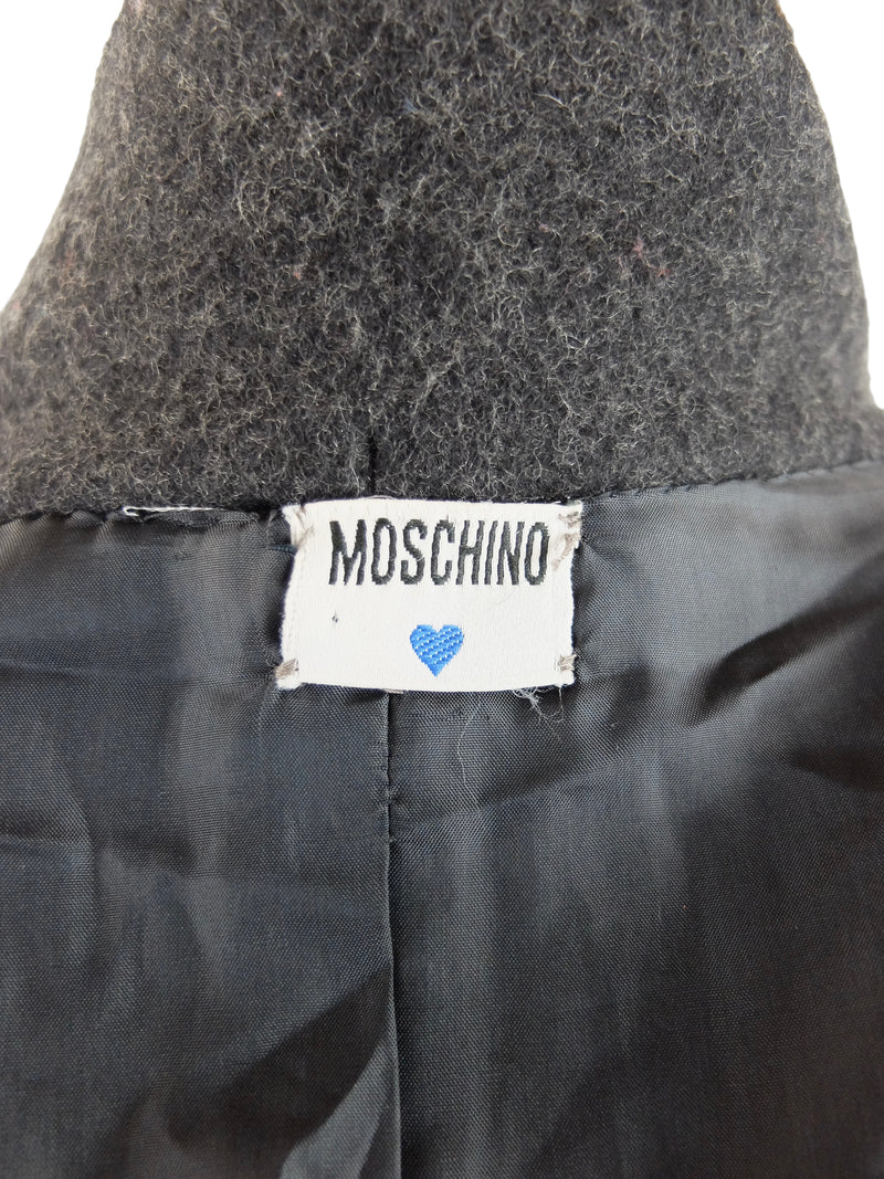 Vintage 2000s Y2K Moschino Designer Minimalist Chic Grey Wool Blend Felt Collared Clasp Closure Knee Length Trench Coat | Size S-M