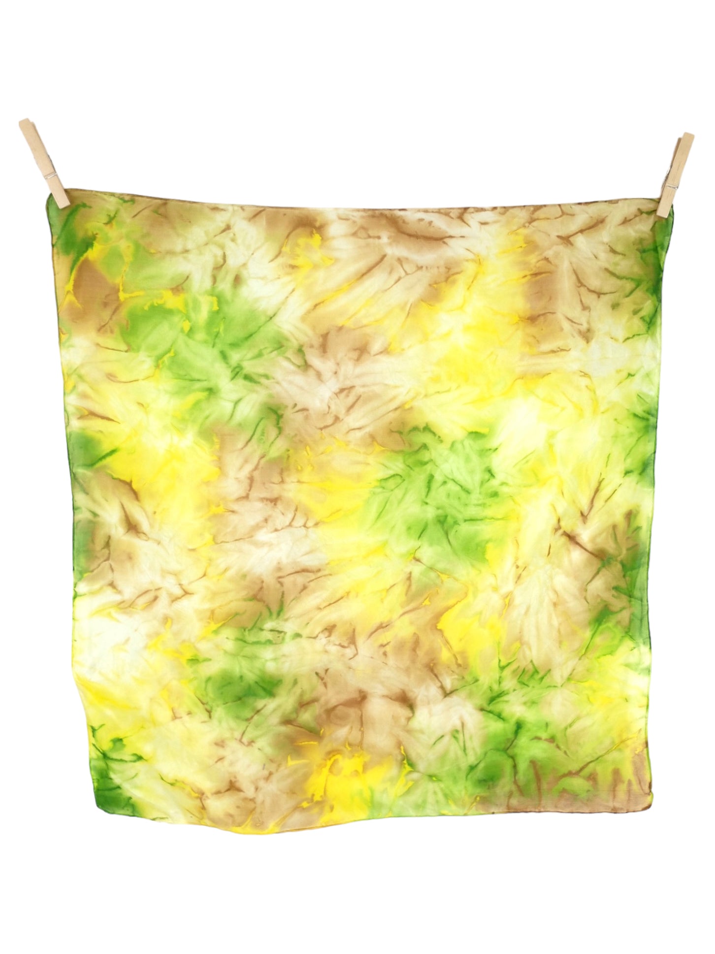 Vintage 2000s Y2K Silk Bohemian Hippie Bright Yellow Green & Brown Acid Tie Dye Print Square Bandana Neck Tie ScarfBandana Neck Tie Scarf with Hand-Rolled Hem