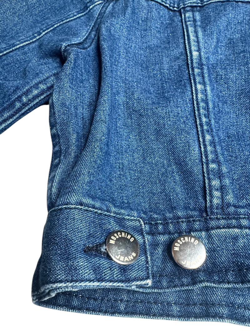 Vintage 2000s Y2K Moschino Jeans Cropped Blue Medium Wash Collared Button Down Denim Jacket | Size M-L
