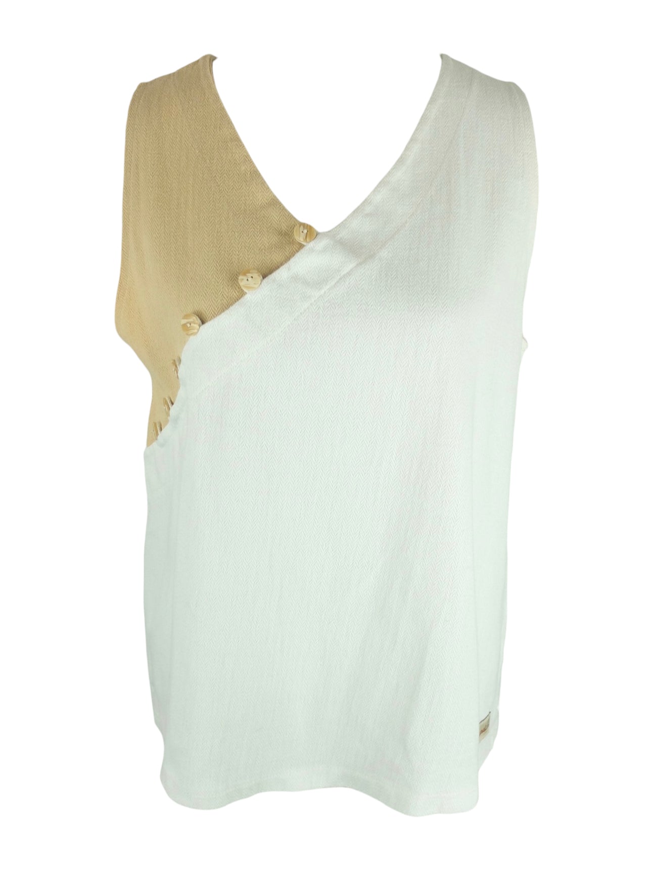 Vintage 2000s Y2K Bohemian Hippie Festival Style White & Tan Colourblocked V-Neck Sleeveless Tank Blouse | Size L-XL