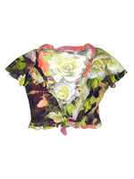 Vintage 2000s ROBERTO CAVALLI Floral Rose Print Short Sleeve Cropped Mesh Top with Ruffle Trim | Size M-L