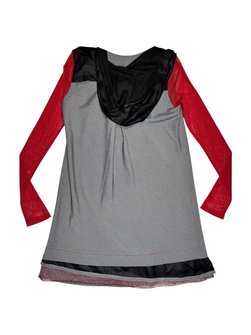 Vintage 2000s Cop Copine Long Sleeve Grey & Red Hooded Shift Mini Dress | Size L