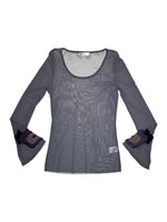 Vintage 2000s Y2K MAIS IL EST OÙ LE SOLEIL Grey Purple Sheer Scoop Neck Bell Sleeve Mesh Top with Knit Floral Detail | Size XL
