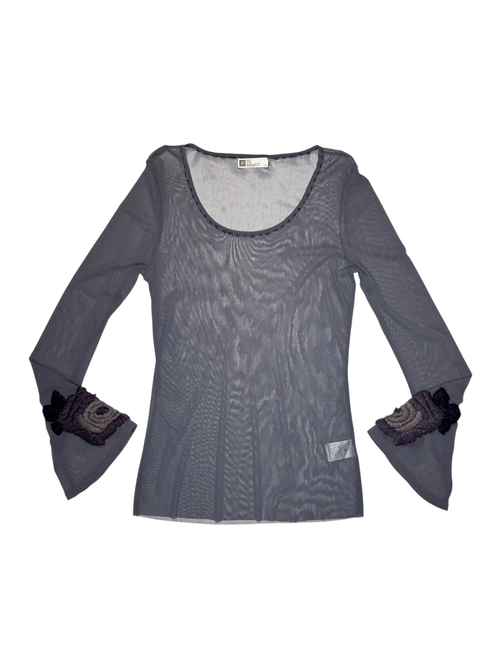 Vintage 2000s Y2K MAIS IL EST OÙ LE SOLEIL Grey Purple Sheer Scoop Neck Bell Sleeve Mesh Top with Knit Floral Detail | Size XL