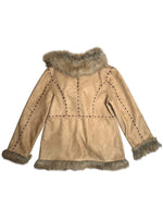 Vintage 2000s Y2K Bohemian Hippie Tan Faux Fur Trim Velour Button Down Winter Jacket Coat | Size L