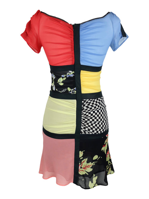 Vintage 2000s Y2K Rocco Barocco Designer Silk Mondrian Style Mod Avant-Garde Colourblock Checkered & Floral Patchwork V-Neck Short Sleeve Above-the-Knee Mini Dress with Buckle Details | Size S