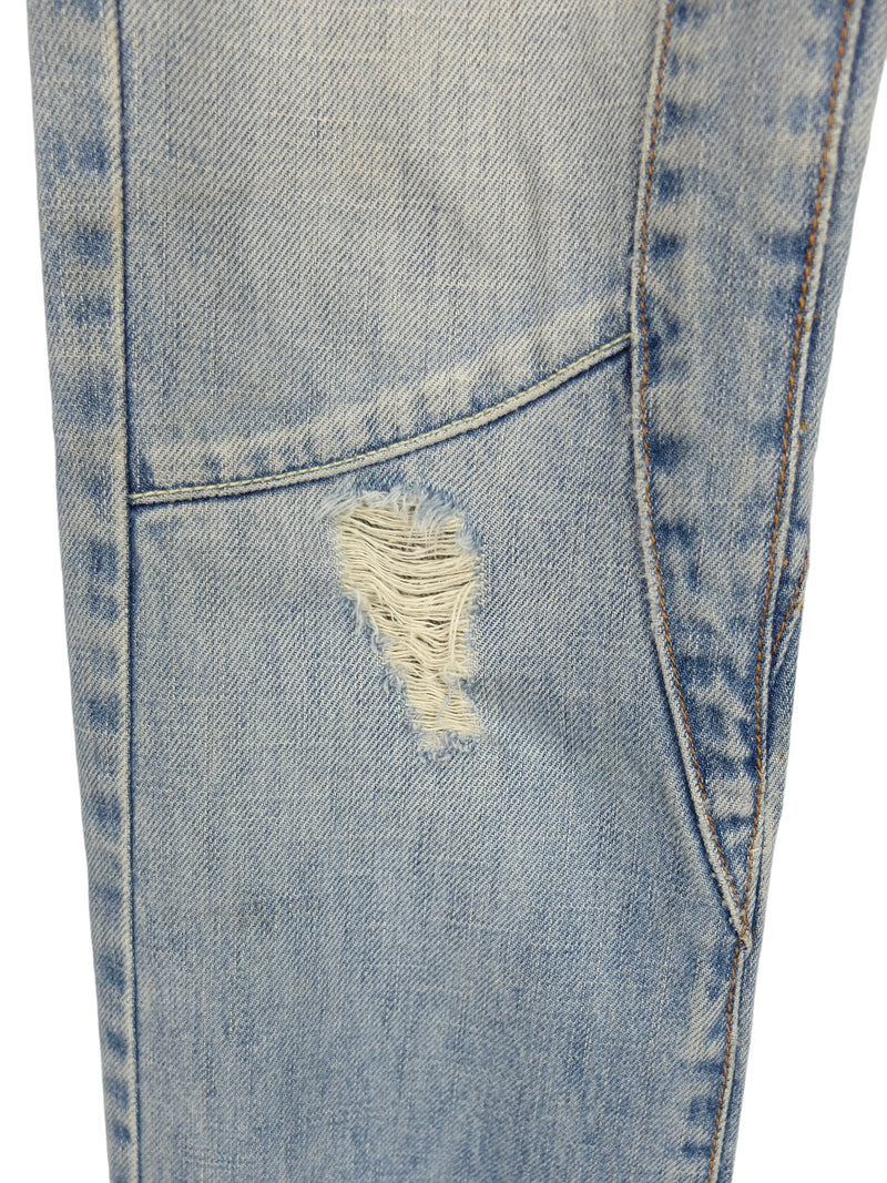Vintage 2000s Y2K Farfallina Italian Low Rise Light Blue Wash Straight Skinny Distressed Moto Style Jeans with Zipper Detail | Size S-M