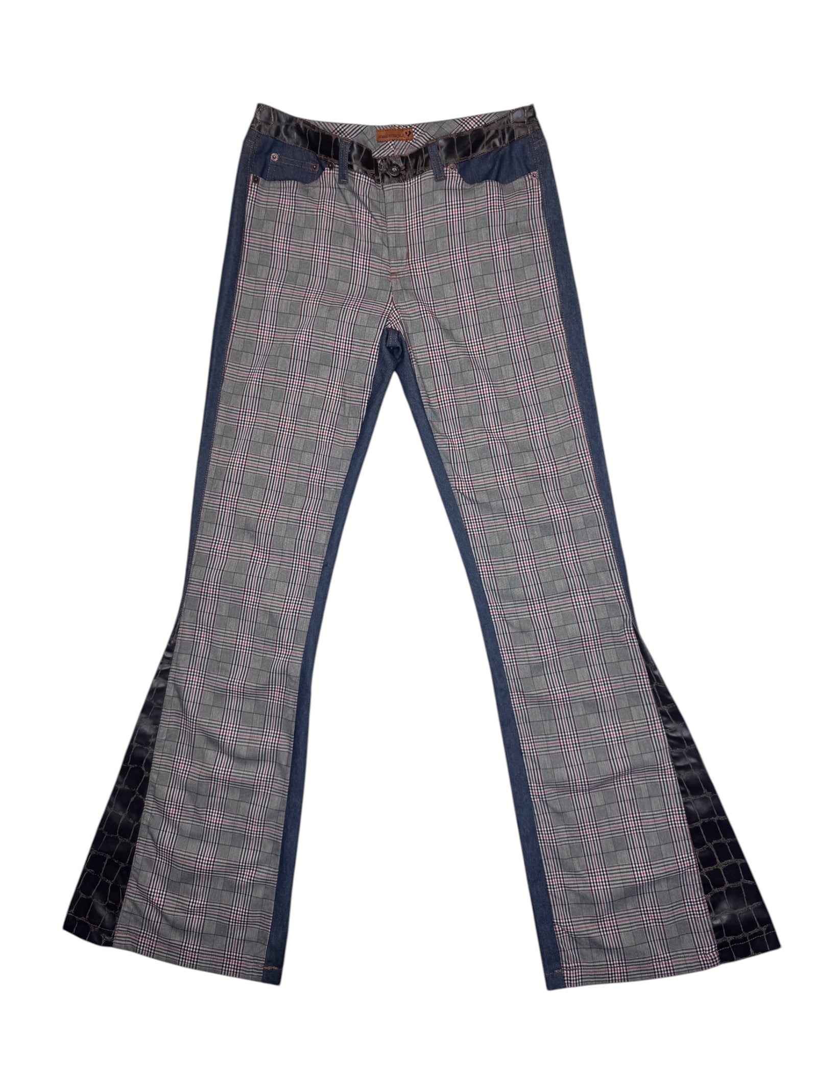 Vintage 2000s Plaid Check Print & Faux Snakeskin Denim Patchwork Flared Trousers | Size S