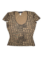 Vintage 2000s LES COPAINS Brown & Black Abstract Geometric Print Stretchy Scoop Neck Short Sleeve Top | Size L