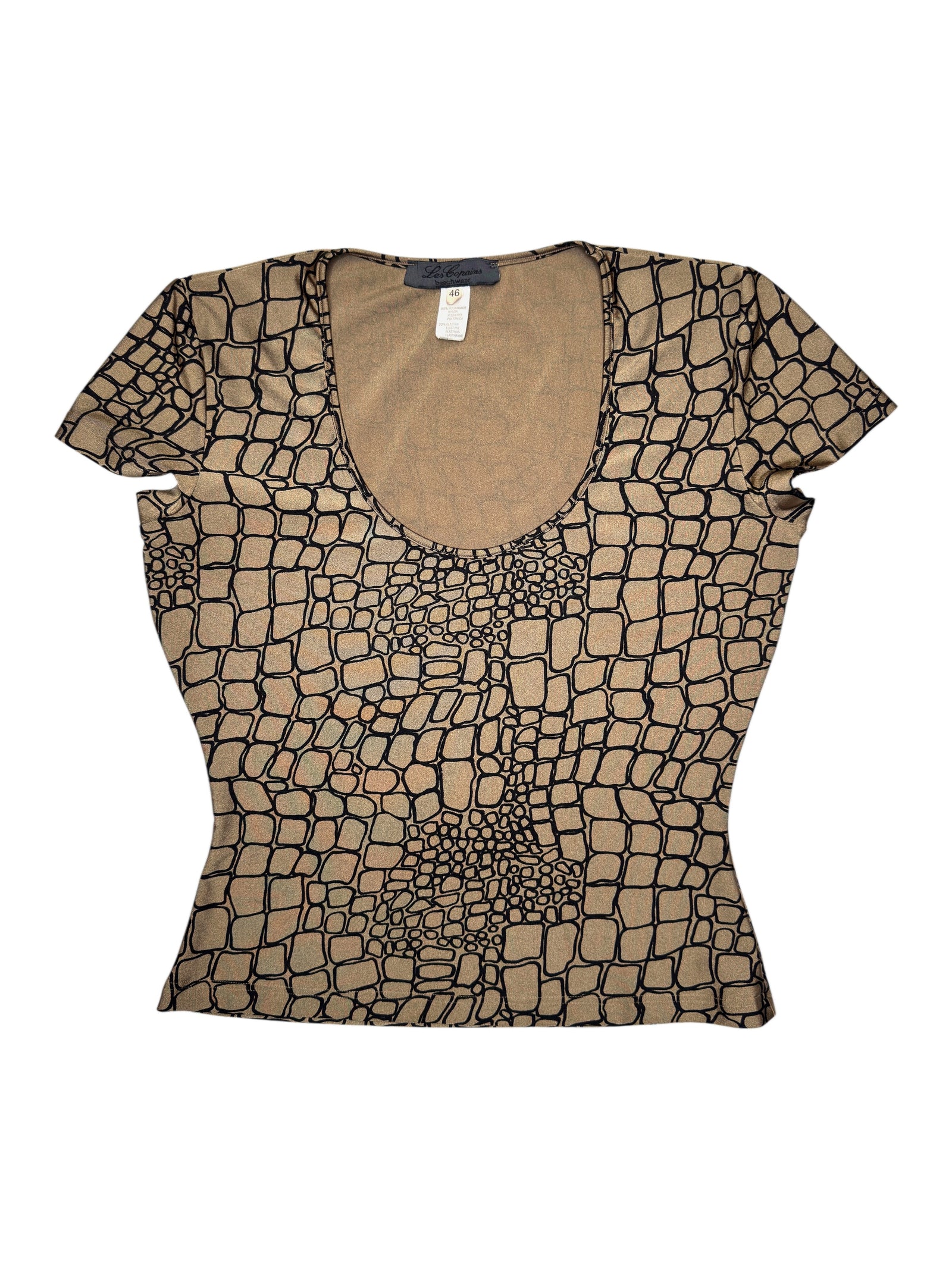Vintage 2000s LES COPAINS Brown & Black Abstract Geometric Print Stretchy Scoop Neck Short Sleeve Top | Size L