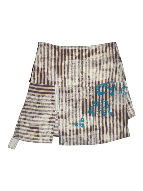 Vintage 2000s OHDD by Save the Queen Low Rise Abstract Striped Skirt with Blue Screenprint Detail | 31 Inch Waist