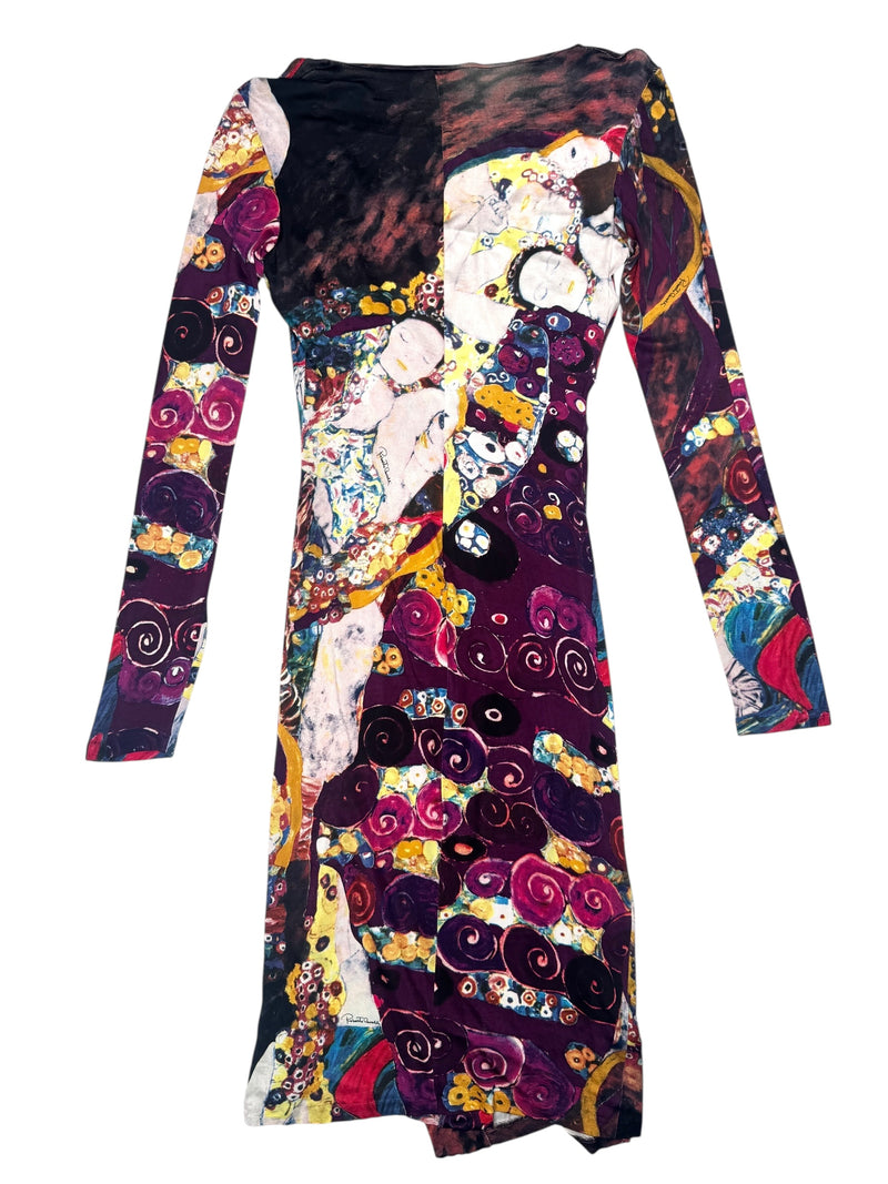 Vintage 2000s Y2K Roberto Cavalli Art Nouveau Purple Abstract Patterned Long Sleeve Dress | Size M