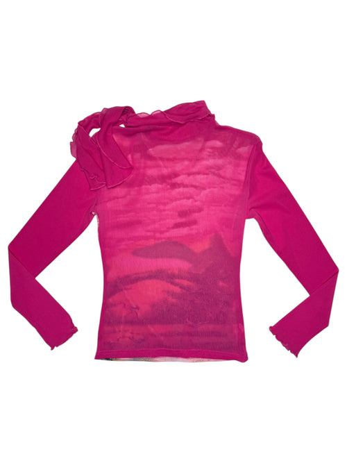 Vintage 2000s Hot Pink Glitter Abstract Nature Print Long Sleeve Mesh Top With High Neck & Tie Detail | Size XS