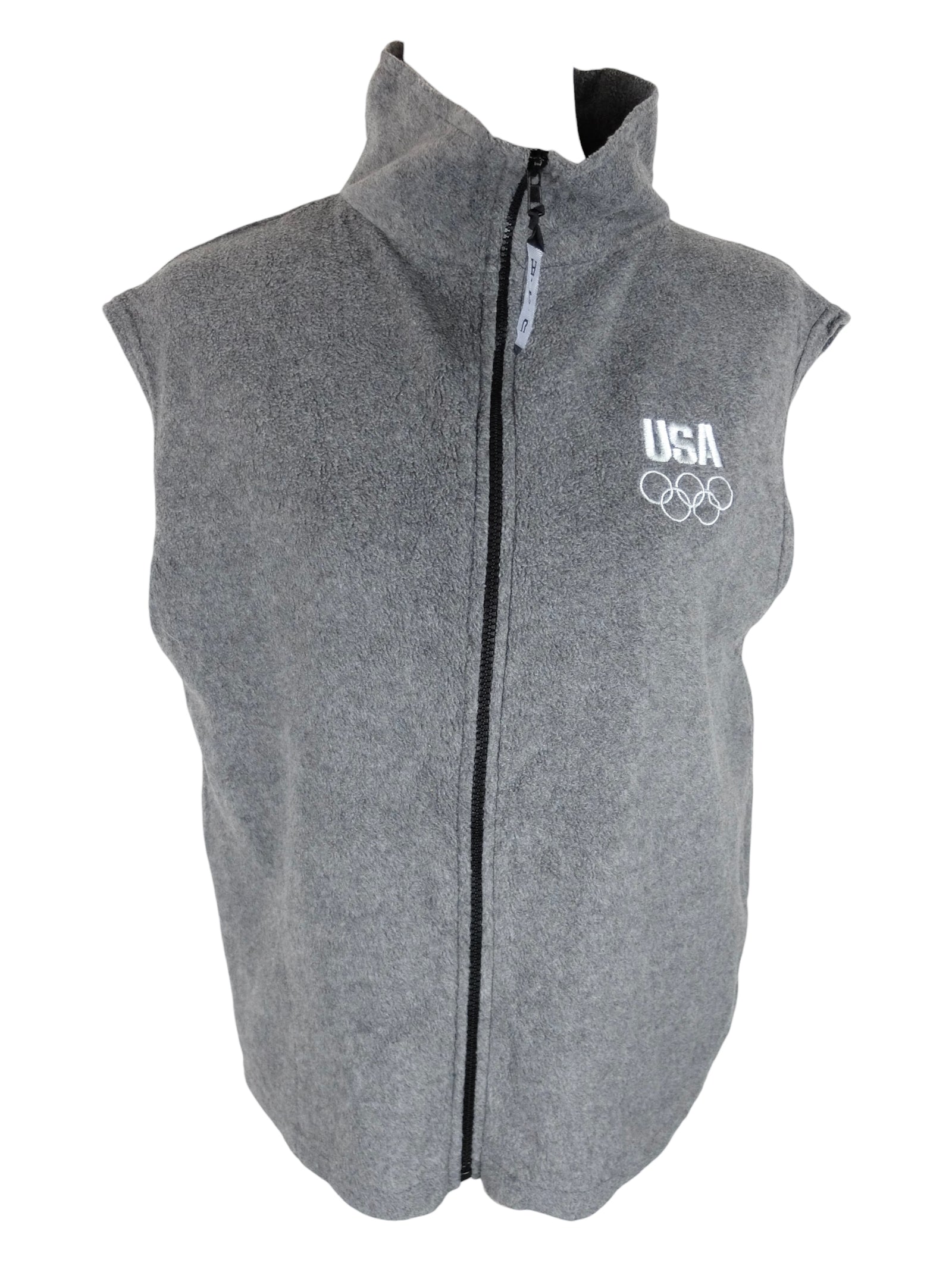 Vintage 90s Y2K Streetwear Athletic Style USA Olympics Embroidered Grey Logo High Neck Zip Up Fleece Vest | Men’s Size L-XL