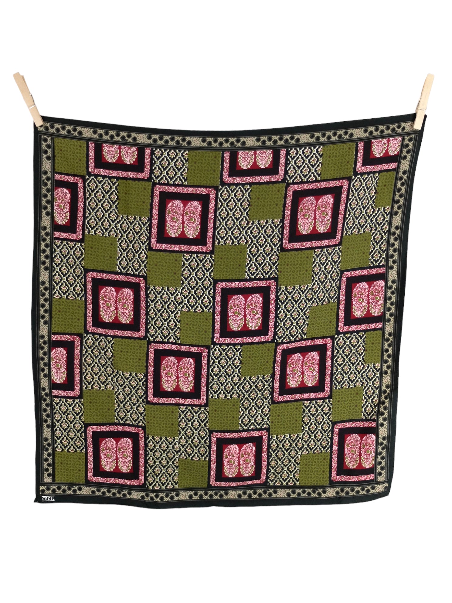 Vintage 2000s Y2K does 70s Bohemian Hippie Abstract Patchwork Print Green Red Square Bandana Neck Tie Scarf