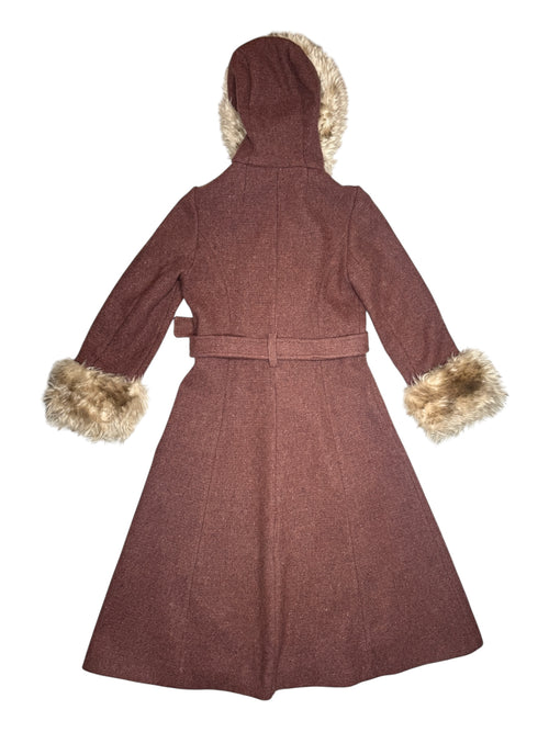 Vintage 70s Mod Bohemian Hippie Rust Orange Brown Woven Button Down Faux Fur Hooded Winter Trench Coat | Size S