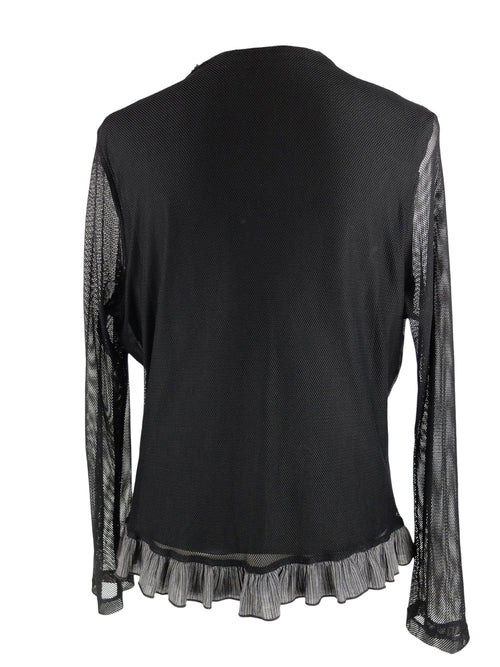 Vintage 2000s Y2K Bohemian Abstract Patterned Black & Grey Zip Up Long Sleeve Mesh Blouse | Size L
