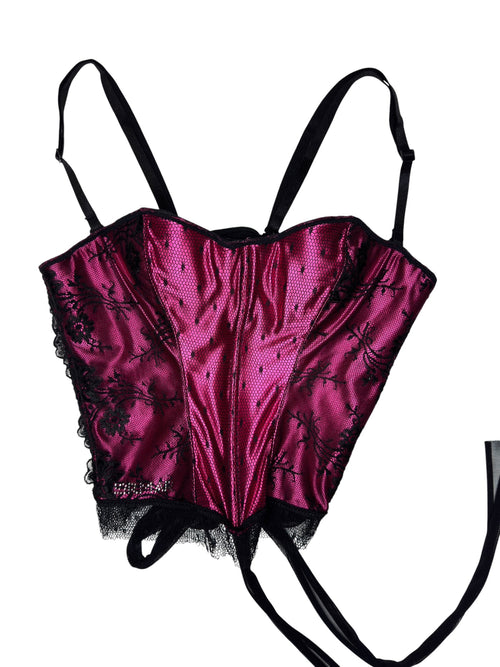 Vintage 2000s Hot Pink & Black Floral Lace Corset with Rhinestone Detail and Mesh Ribbon  | Size XS