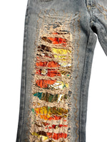 Vintage 2000s Y2K Bohemian Grunge Low Mid Rise Ripped Faded Denim Straight Leg Slim Jeans With Floral Patchwork Detail | 28 Inch Waist