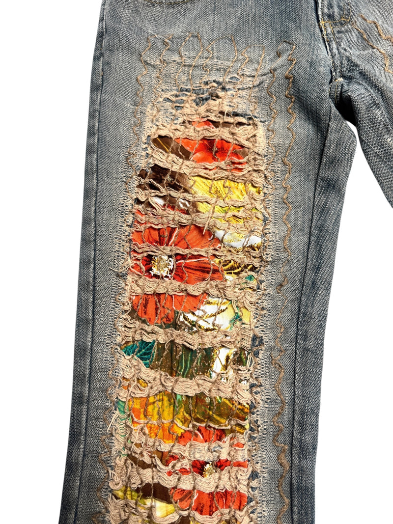 Vintage 2000s Y2K Bohemian Grunge Low Mid Rise Ripped Faded Denim Straight Leg Slim Jeans With Floral Patchwork Detail | 28 Inch Waist