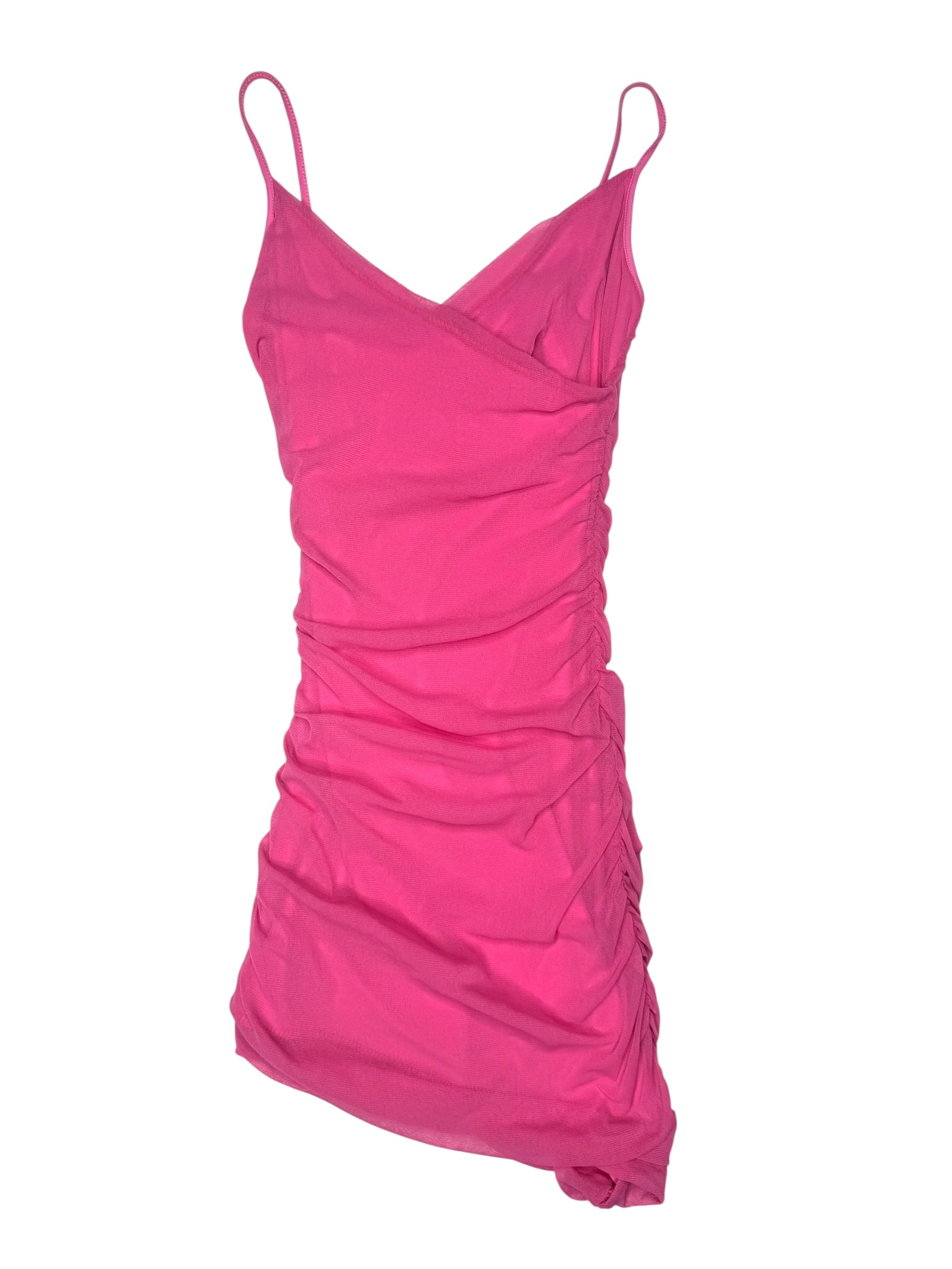 Vintage 2000s Y2K Bubblegum Pink Mesh Asymmetrical Fitted Ruched Tank Mini Party Dress | Size XS