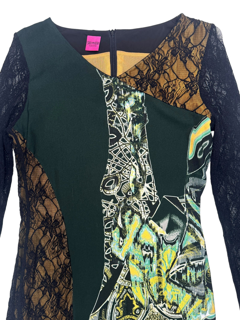Vintage 2000s Y2K Save The Queen Dark Green & Black Abstract Print Above-the-Knee Long Sleeve Mini Dress with Lace Detail | Size L