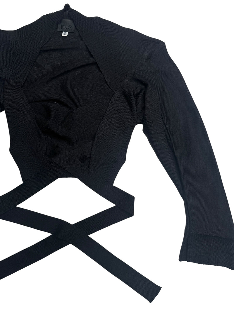 Vintage 2000s Y2K Dolce & Gabbana Subversive Minimalist Black Cropped Wool Bolero Cardigan with Wrap Around Tie | Size XS-S