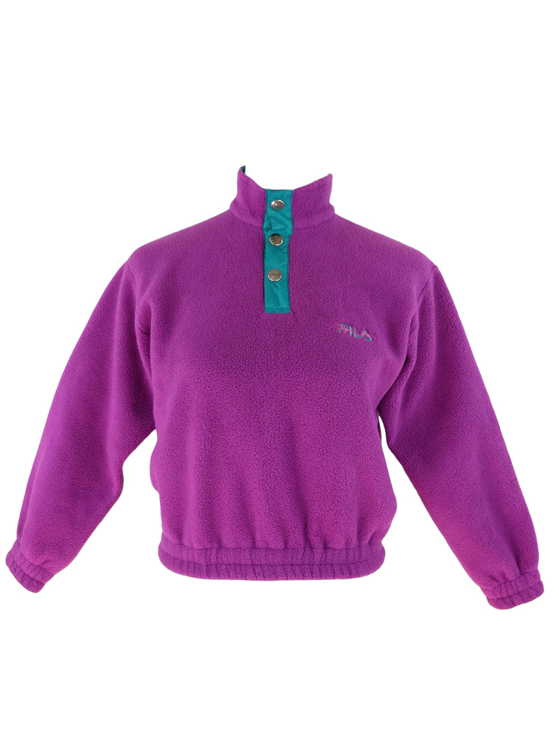 Vintage 90s Fila Magic Line Kids Retro Fuchsia Purple & Teal Green 1/4 Snap Down Fleece Pullover Jumper