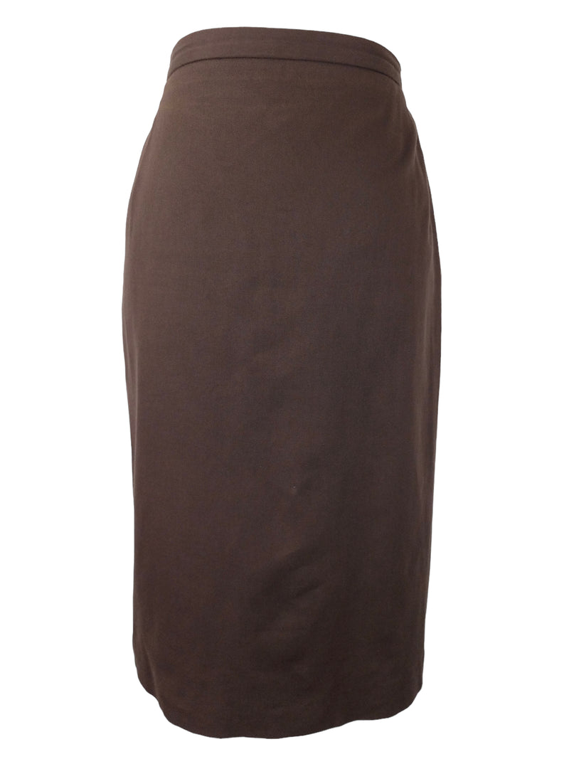 Vintage 80s Burberrys Designer Chic Mod Solid Basic Brown Below-the-Knee Straight Silhouette Midi Skirt  | 30 Inch Waist