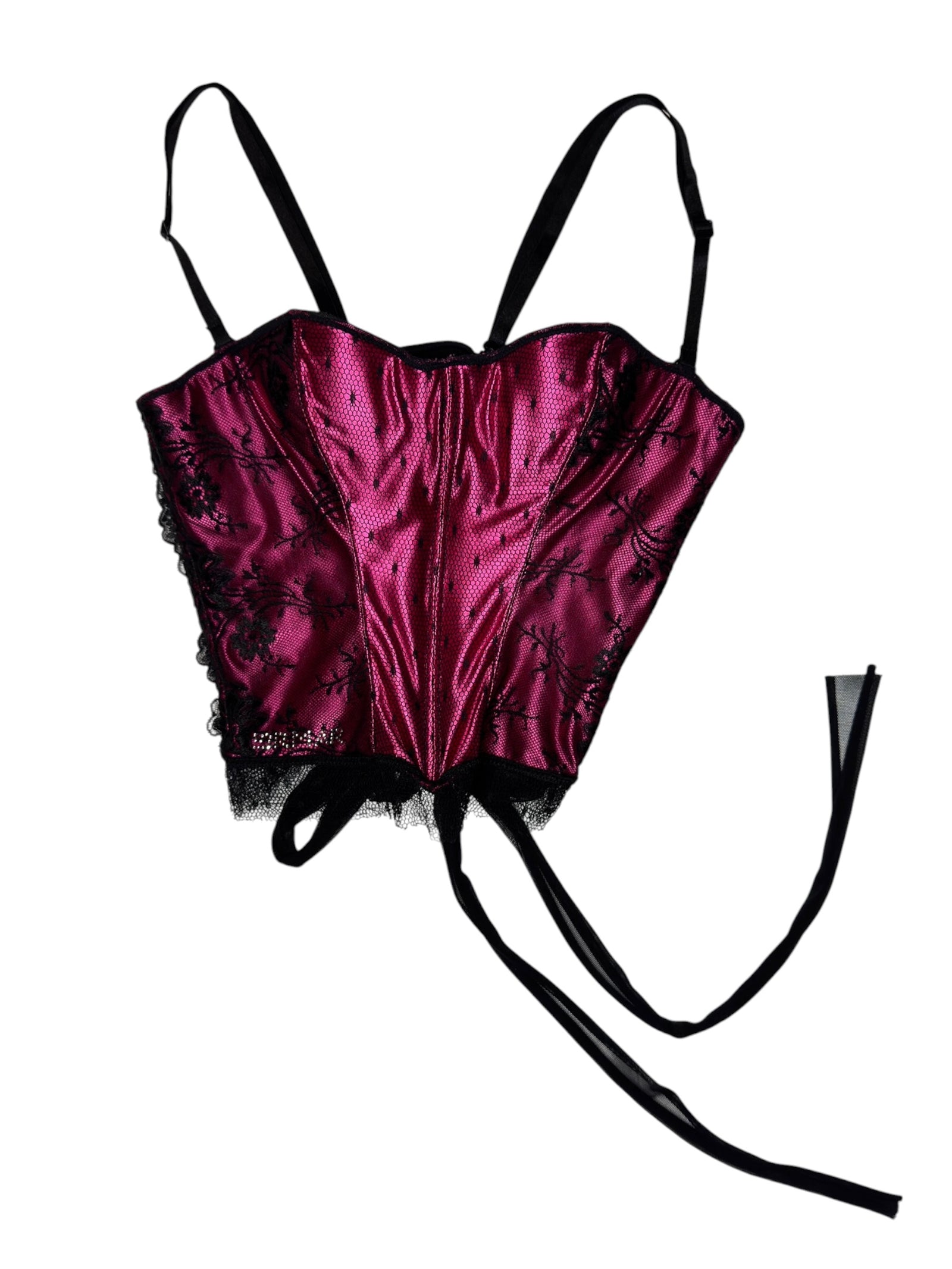 Vintage 2000s Hot Pink & Black Floral Lace Corset with Rhinestone Detail and Mesh Ribbon  | Size XS