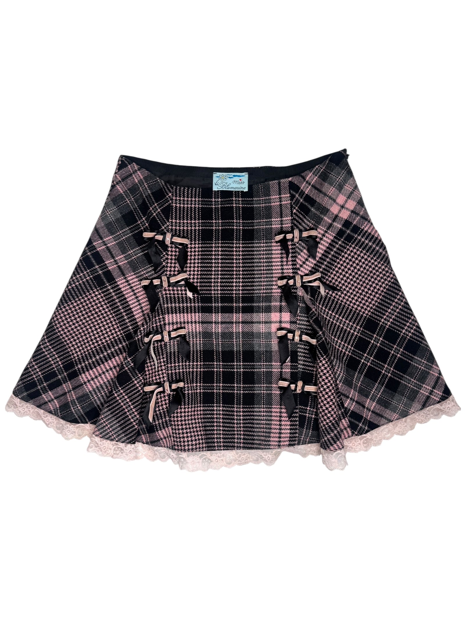 Vintage 2000s Miss Blumarine Wool Pink & Black Plaid Tartan Ruffled Lace Micro Mini Skirt | Size XXS
