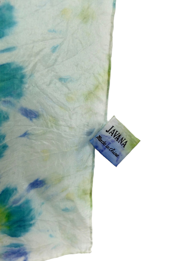 Vintage 90s Silk Hippie Bohemian Festival Style Blue & Green Tie Dye Acid Wash Large Square Bandana Neck Tie Scarf