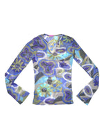 Vintage 2000s Abstract Purple Floral Multicolor Mesh Long Sleeve Top | Size S
