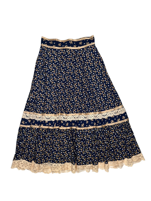 Vintage 70s Gunne Sax Bohemian Hippie Prairie Navy Blue Floral Ruffled Cotton Midi Peasant Skirt with Lace Trim | Size XXS-XS