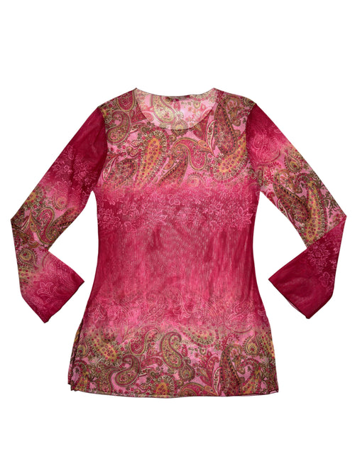 Vintage 2000s Y2K Pink Paisley Print Ombre Mesh Long Sleeve Tunic Top | Size M