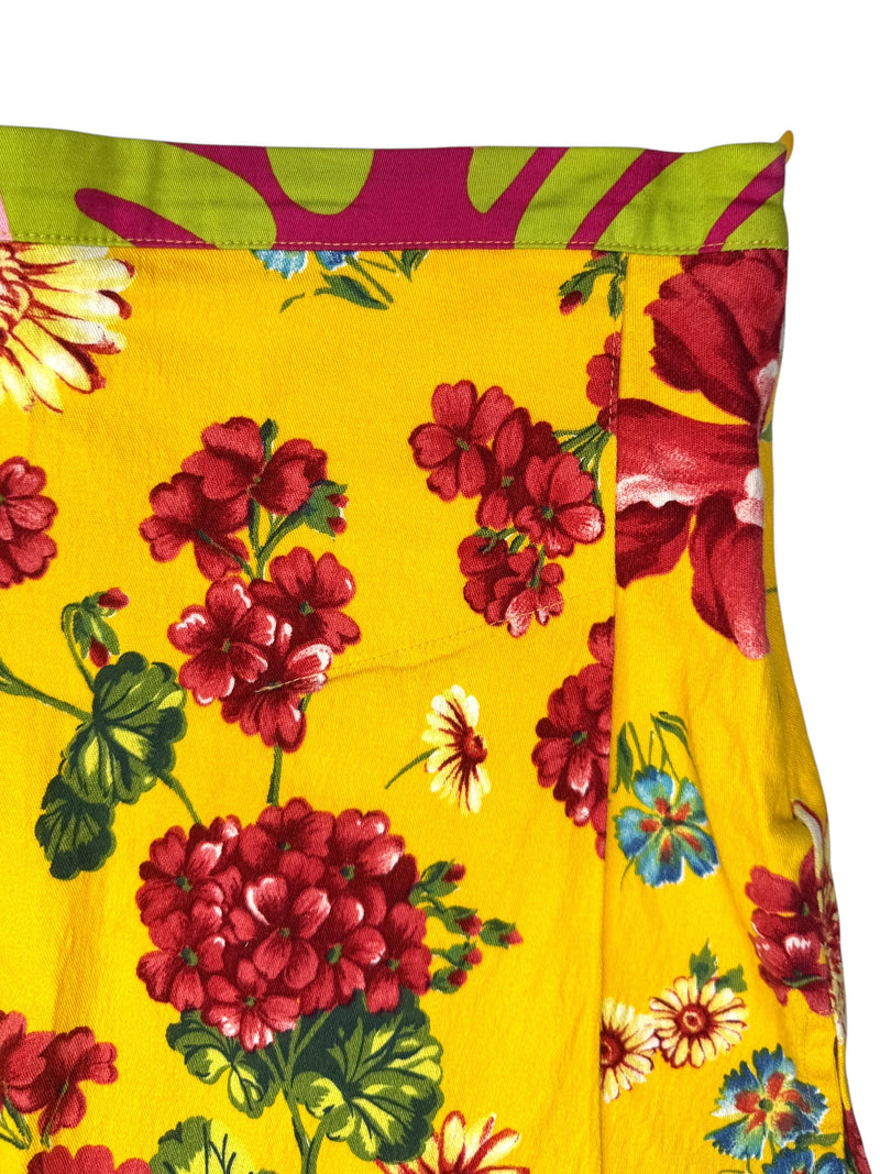Vintage 2000s Y2K Dolce & Gabbana Bohemian Preppy Low Mid Rise Yellow Floral & Abstract Patterned A-Line Mini Skirt | Size S